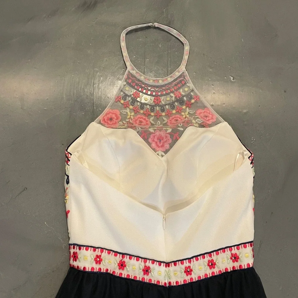 Blondie Nites Stacy Sklar Floral Embroidered Halter Prom Dress Gown Size 5 Navy - Picture 8 of 8